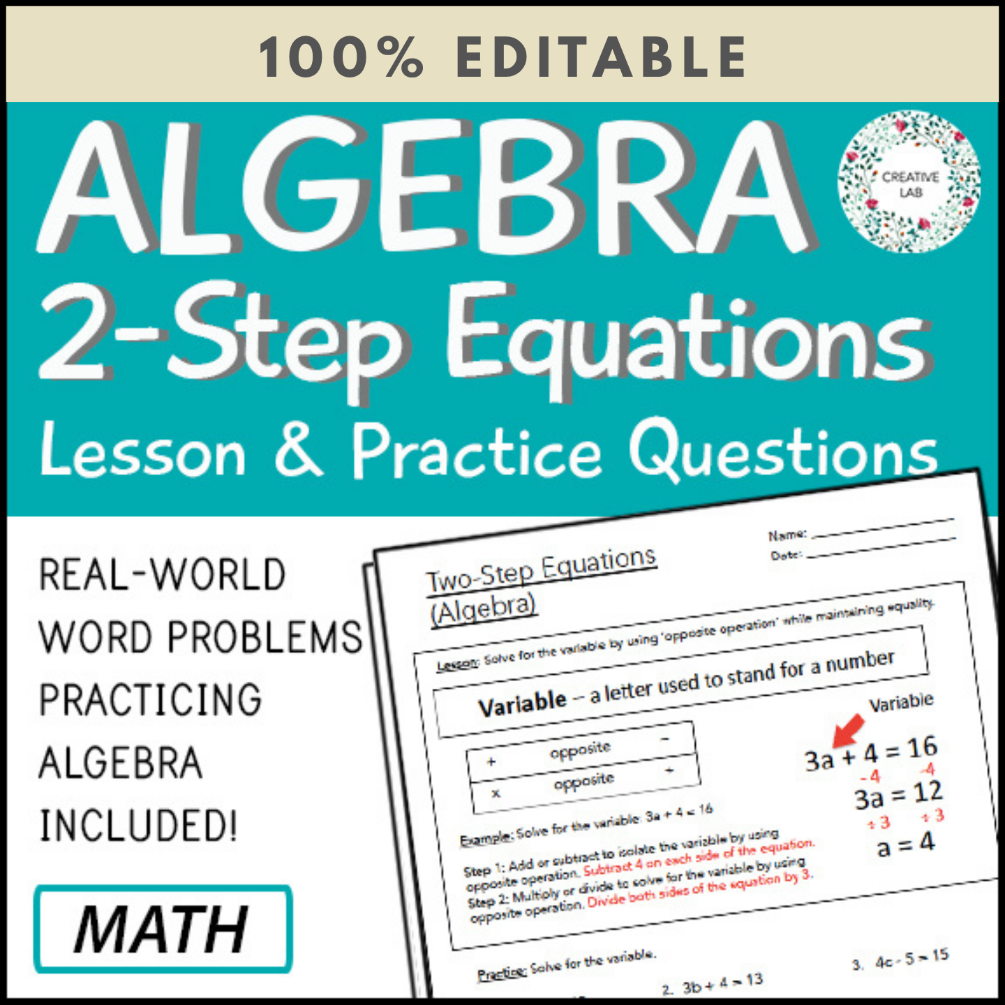 Algebra - 2 Step Equations - Practice Questions - 100% Editable