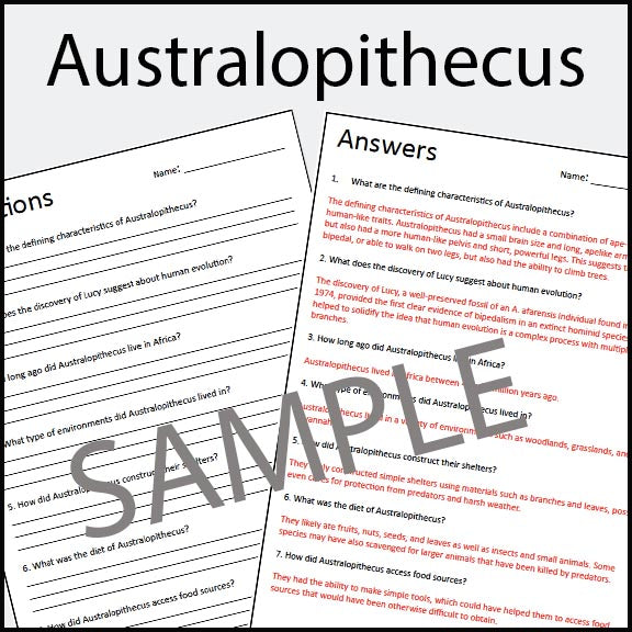 Australopithecus - Early Humans / Stone Age / Question Worksheet - 100% EDITABLE