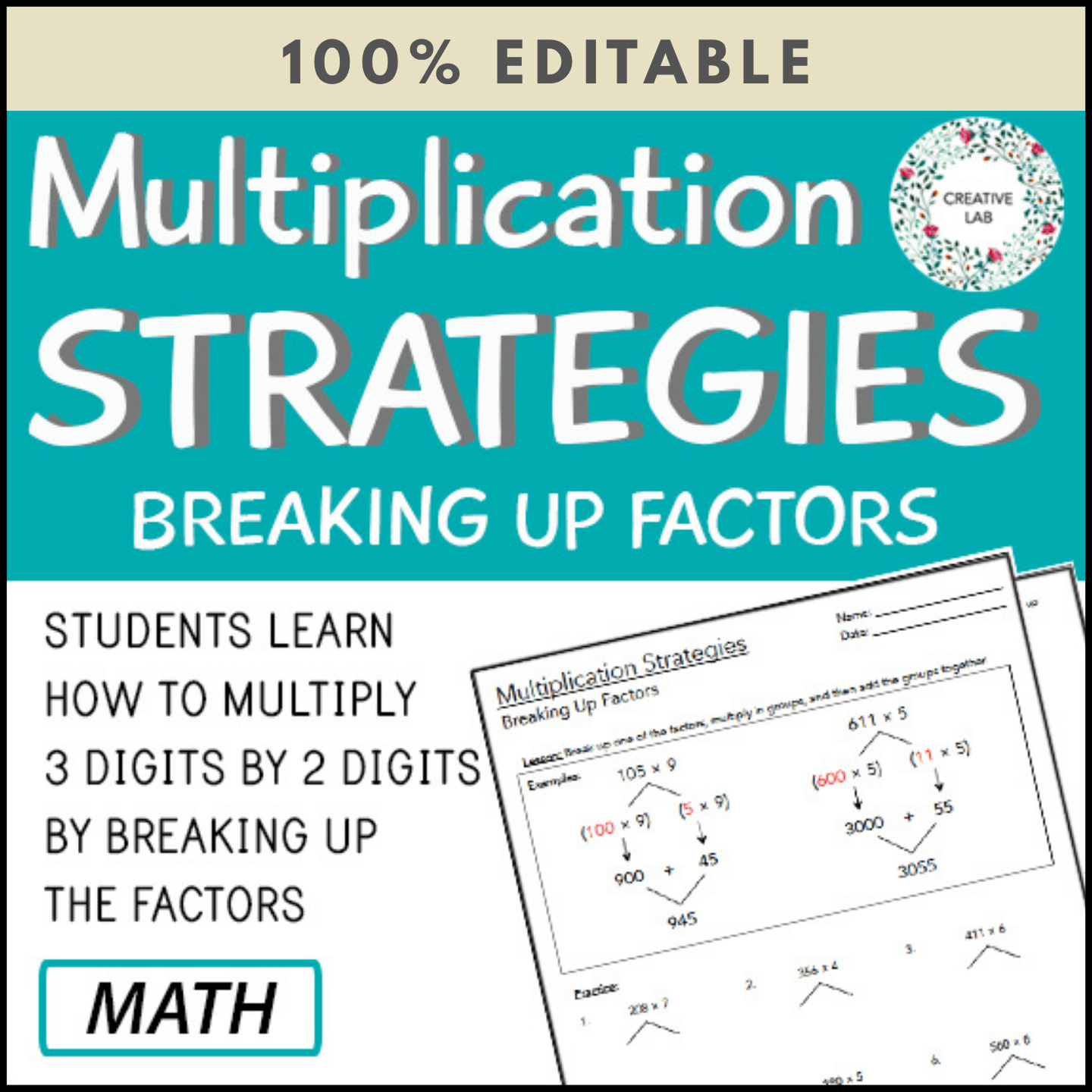 Multi-Digit Multiplication Strategies - Breaking Up Factors - 100% Editable