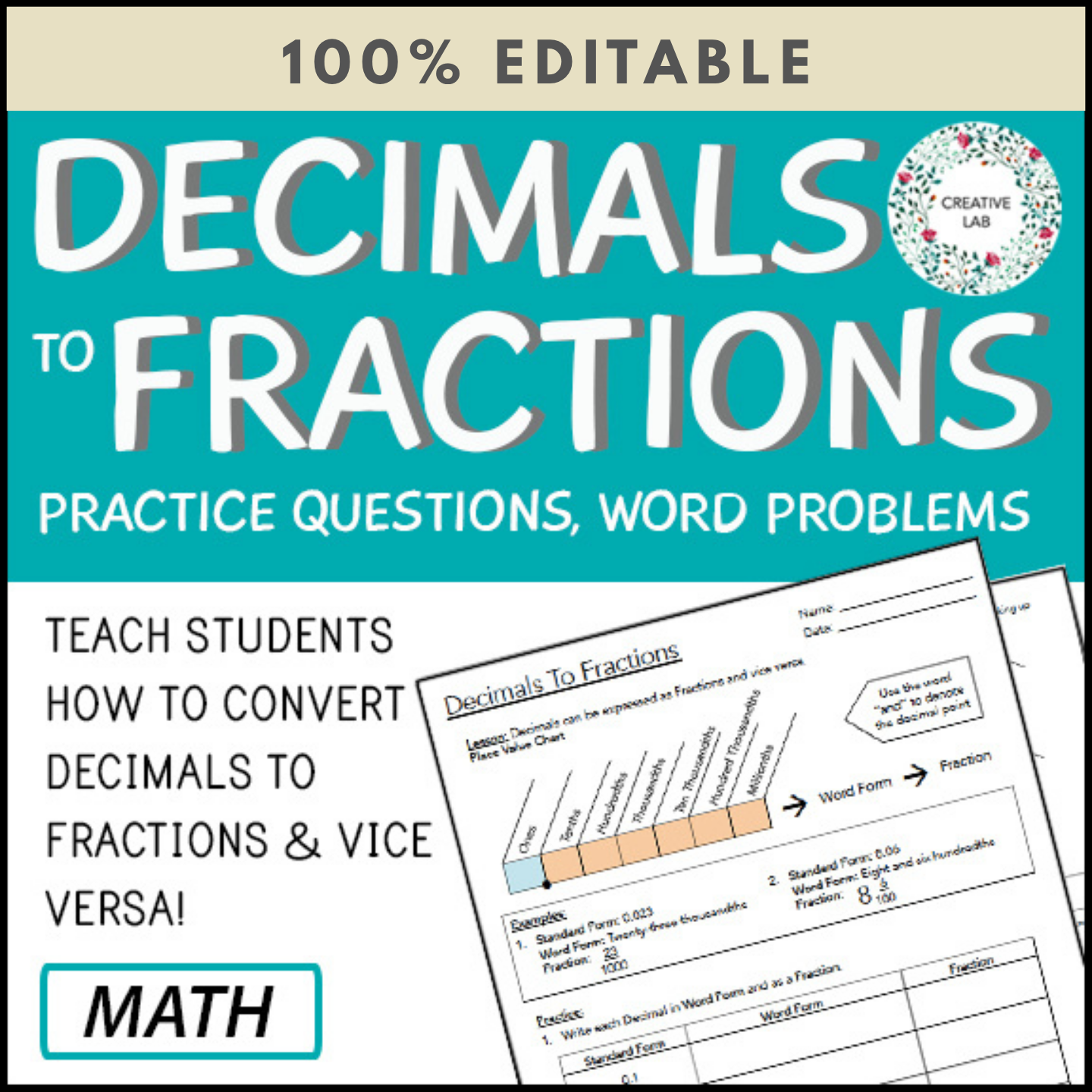 Decimals To Fractions - Mixed Numbers - 100% Editable
