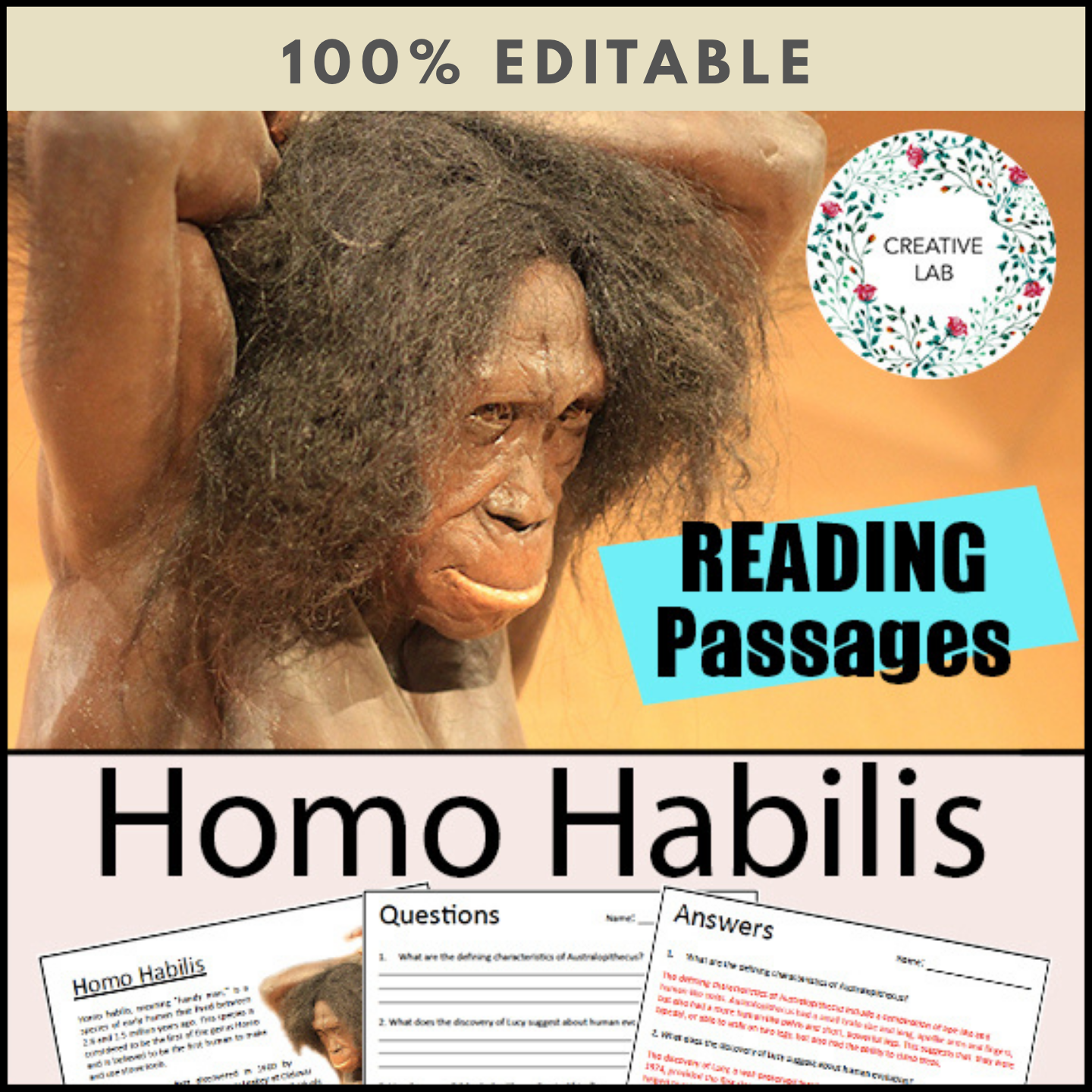 Homo Habilis - Early Humans / Stone Age / Question Worksheets - 100% EDITABLE