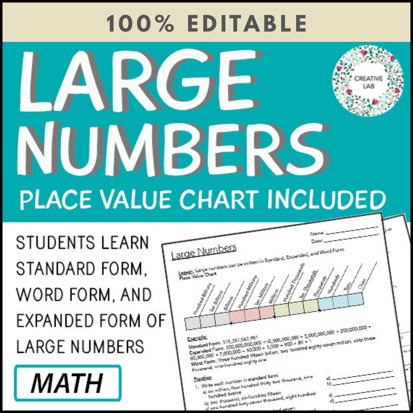 Place Value To Billions - Worksheets - 100% Editable