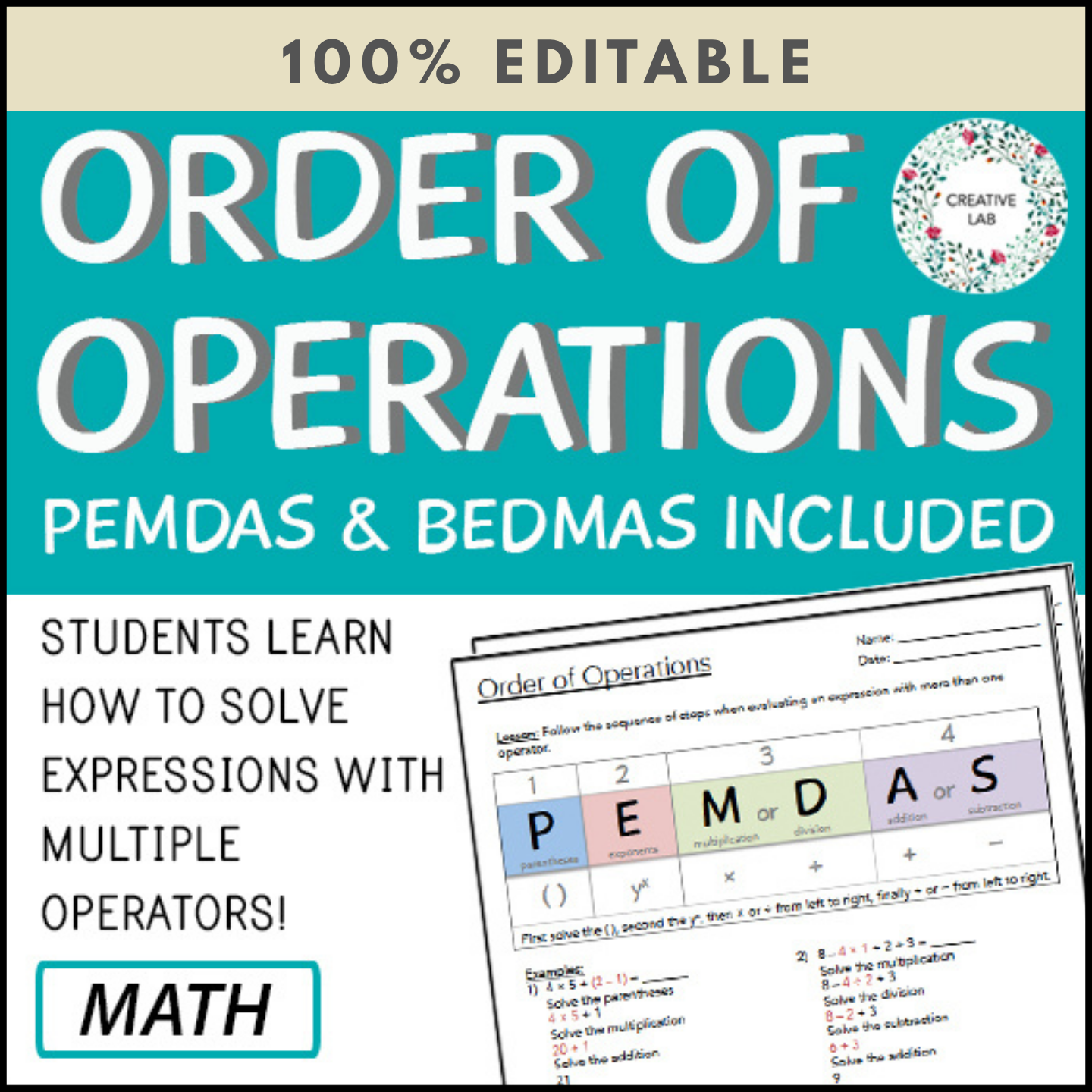Order of Operations - PEMDAS & BEDMAS - 100% Editable