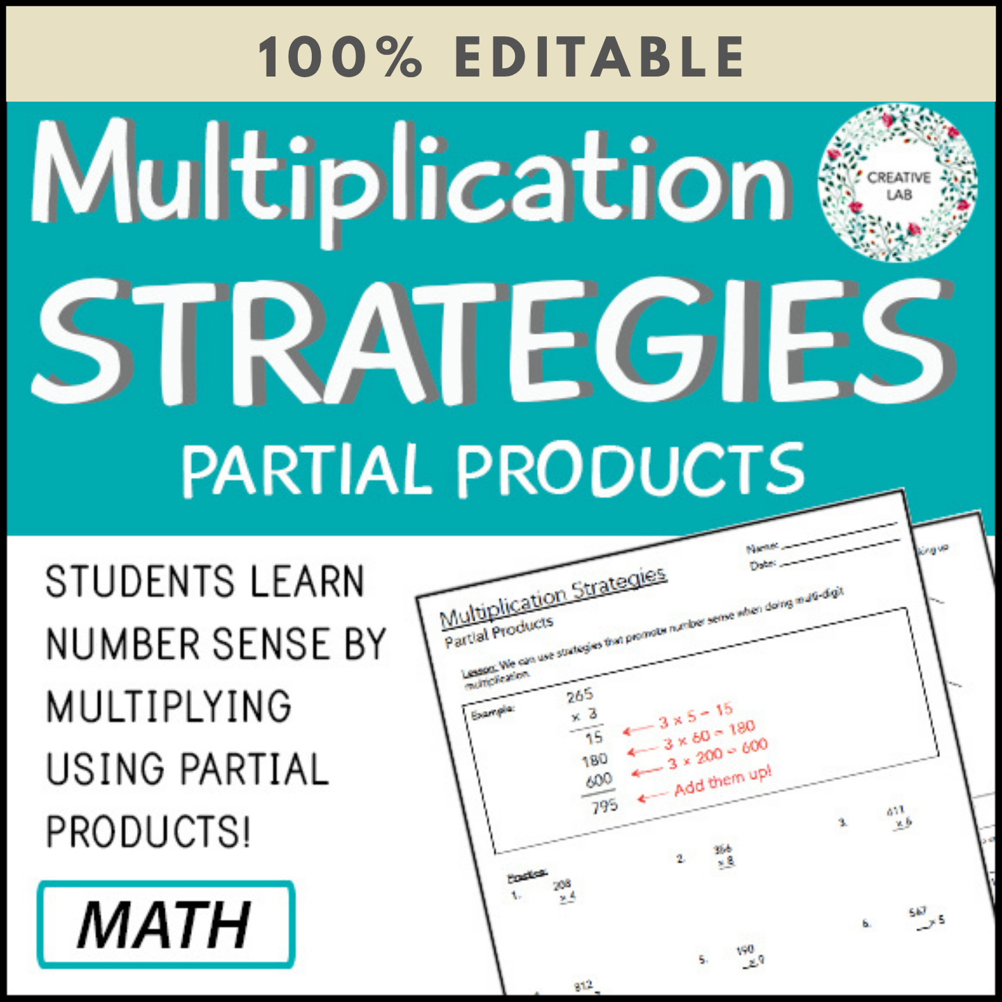 Multi-Digit Multiplication Strategies - Partial Products - 100% Editable