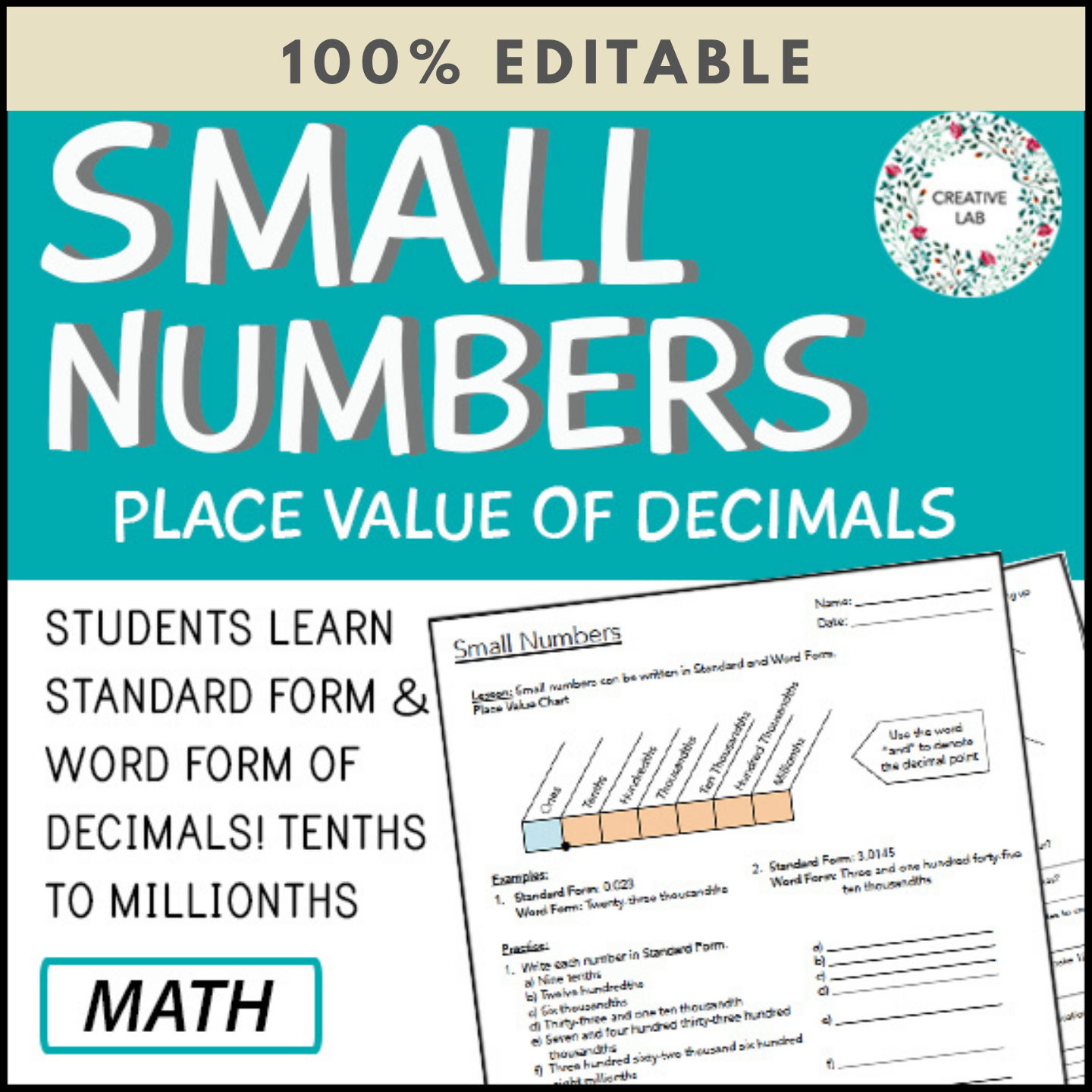 Place Value of Decimals - Tenths to Millionths - 100% Editable