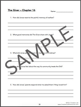 THE GIVER - Chapter Comprehension Questions & Answers