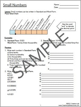 Place Value of Decimals - Tenths to Millionths - 100% Editable