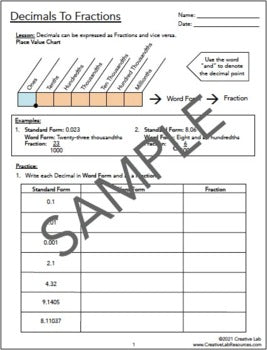 Decimals To Fractions - Mixed Numbers - Worksheets