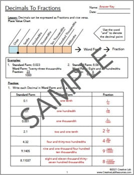 Decimals To Fractions - Mixed Numbers - 100% Editable