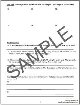 Adding Integers - Lesson & Practice Questions - 100% Editable