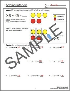 Adding Integers - Lesson & Practice Questions - 100% Editable