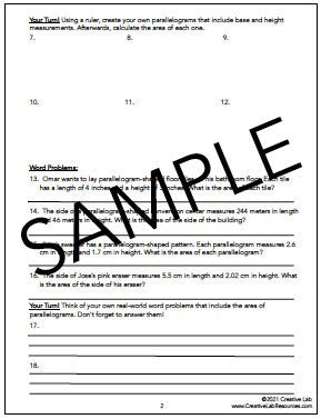 Area of Parallelograms - Math Lesson & Practice Questions - 100% Editable // Printable Teaching Resource // No Prep Classroom //