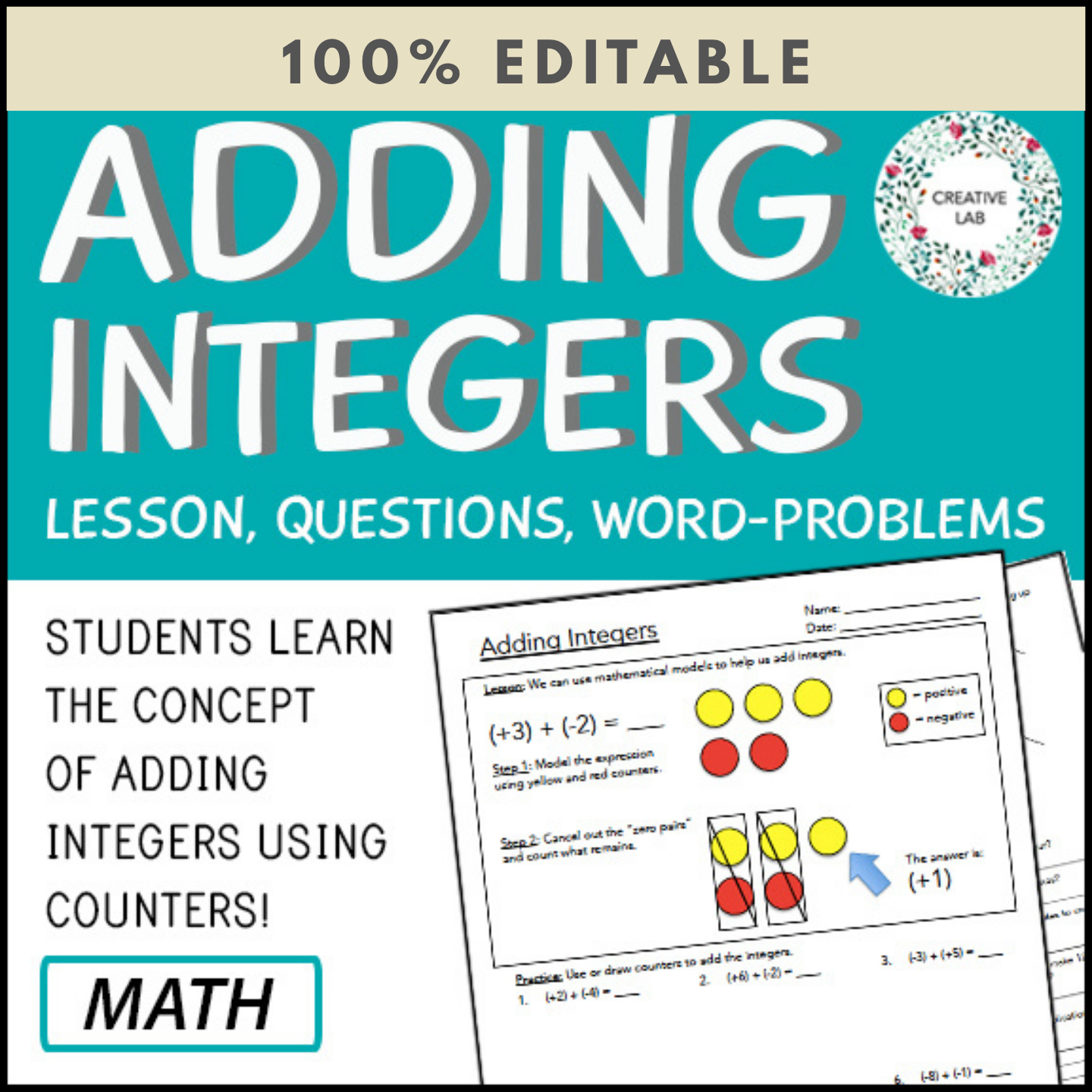Adding Integers - Lesson & Practice Questions - 100% Editable ...