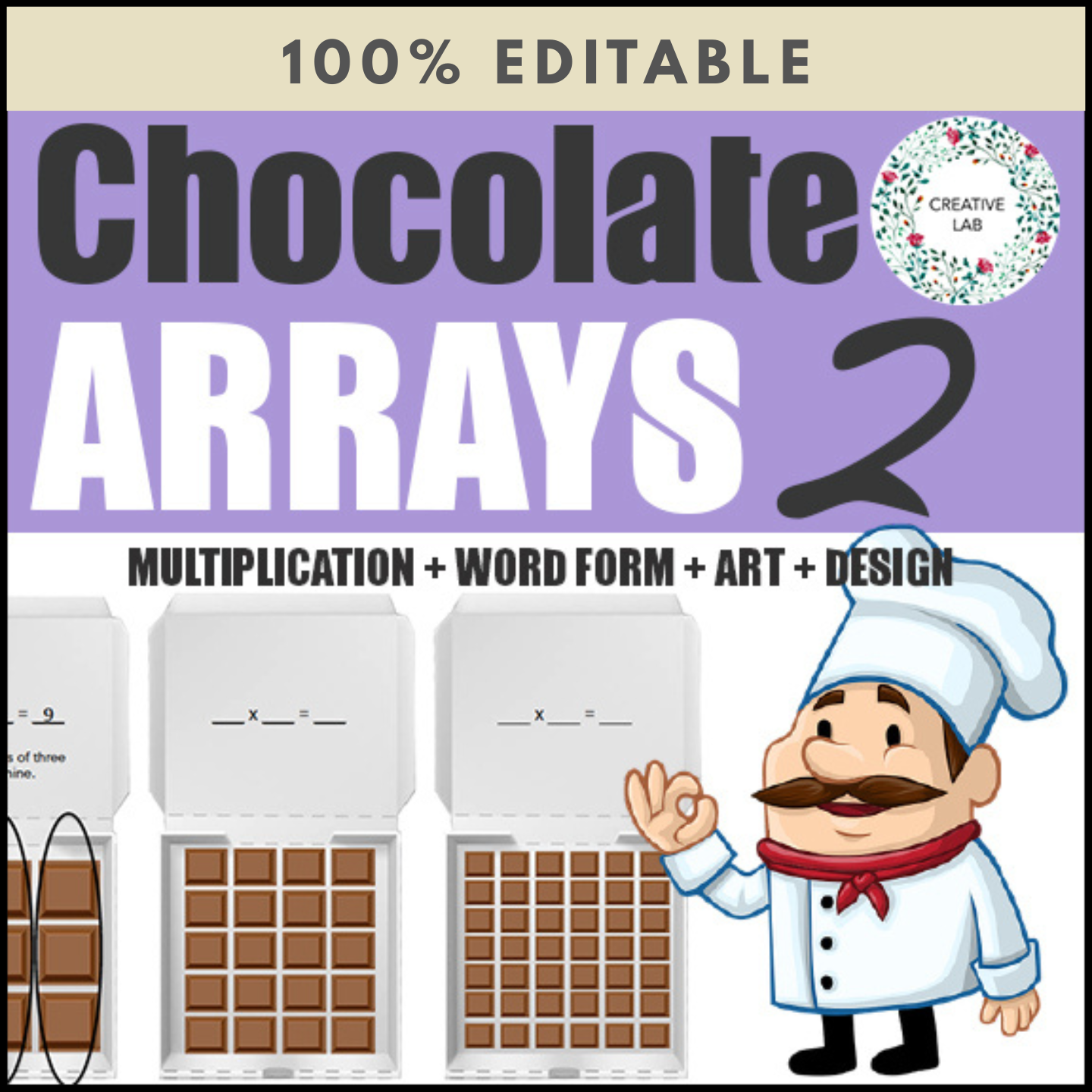 Math Chocolate Arrays 2 - Single Digit Multiplication - 100% Editable