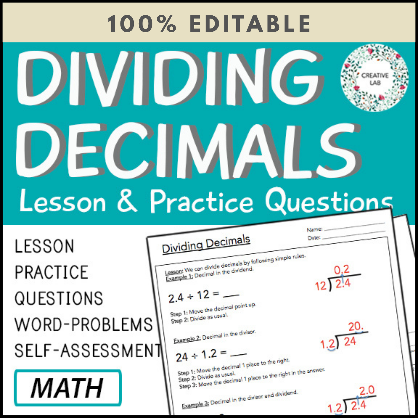 Sample Decimal Basic Questions Dividing Decimals - Lesson & Practice Questions - 100% Editable ...