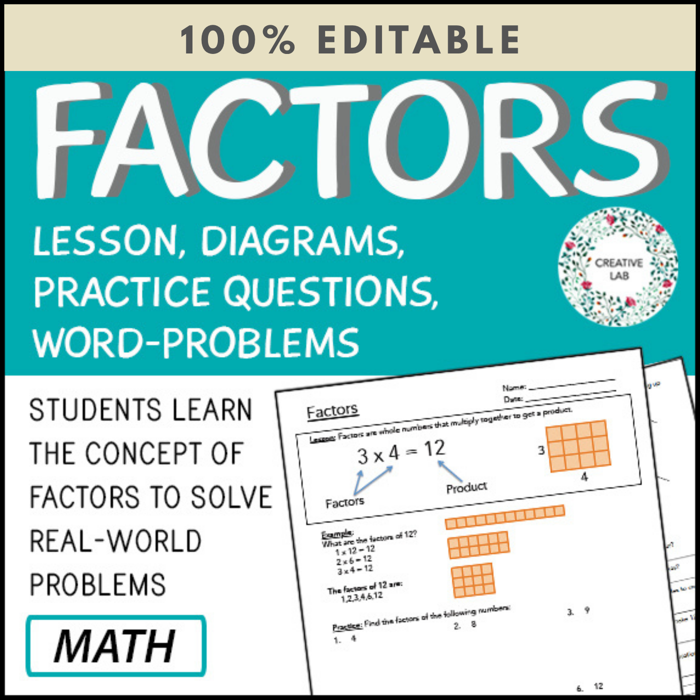 Learning Simple Math Factors Factors - Lesson & Practice Questions - 100% Editable – Creative Lab