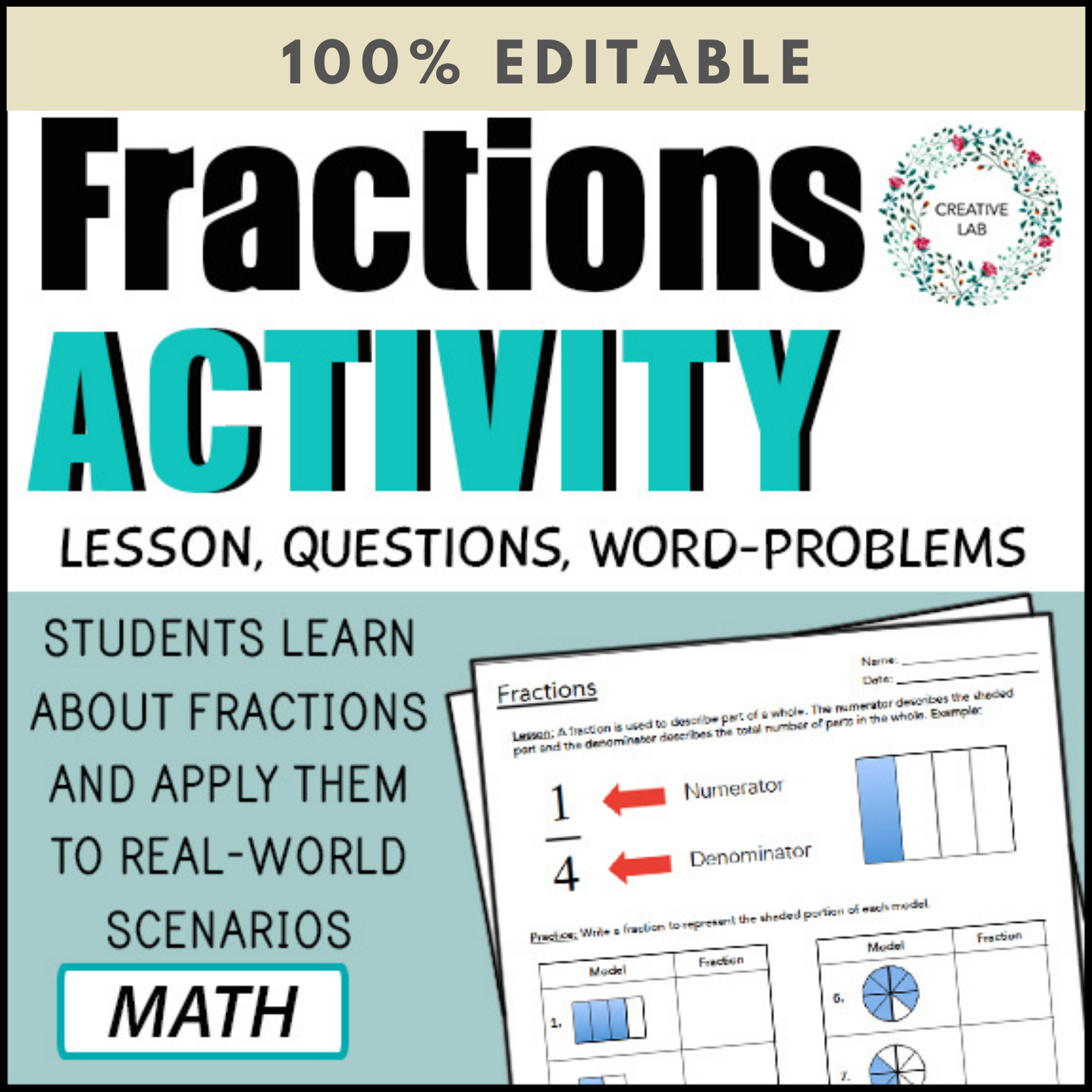 Simple Fractions - No Prep Math Lesson Questions 4th Grade - 100% Editable