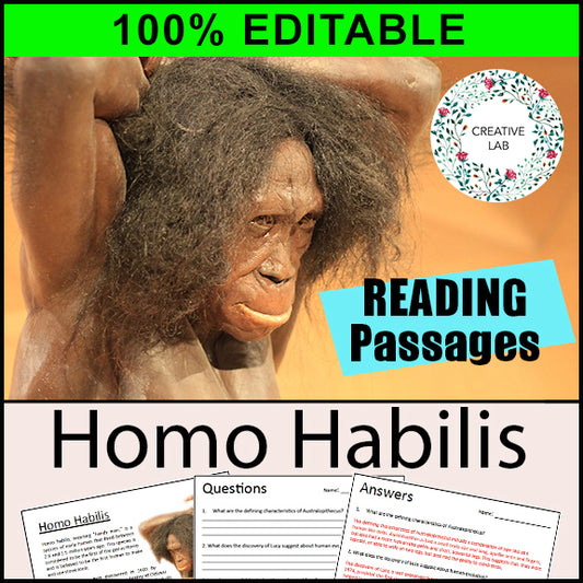 Homo Habilis - Early Humans / Stone Age / Question Worksheets - 100% EDITABLE