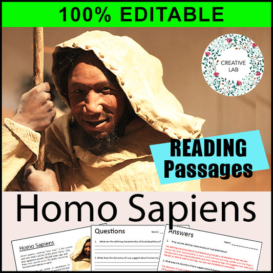 Homo Sapiens - Early Humans / Stone Age Question Worksheets - 100% EDITABLE