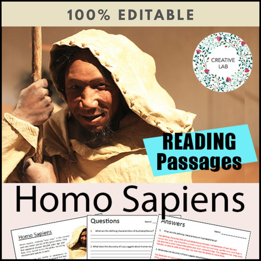 Homo Sapiens - Early Humans / Stone Age Question Worksheets - 100% EDITABLE