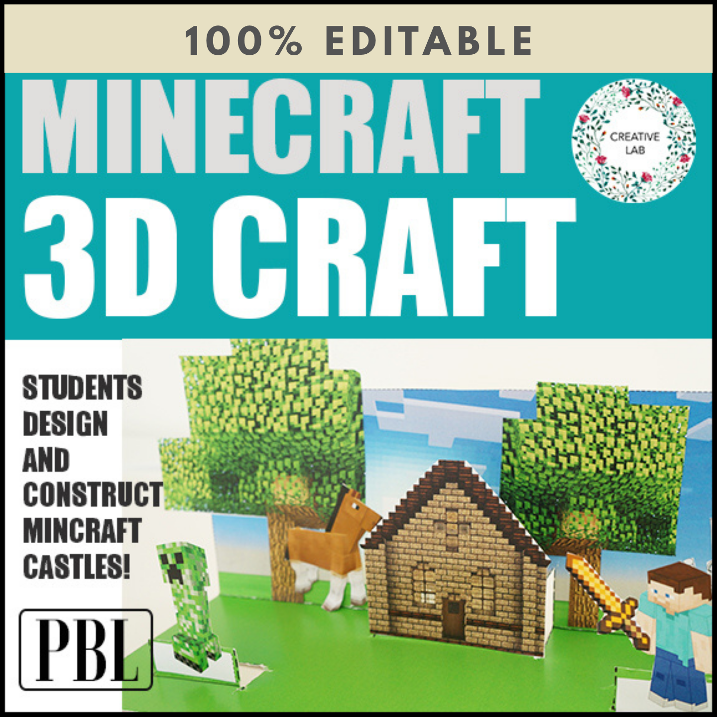 Minecraft Castle Scene 3D Craftivity - 100% Editable