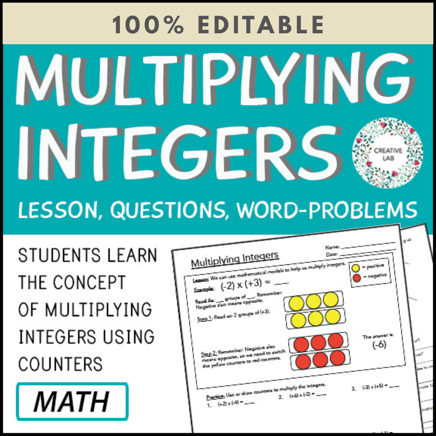 Multiplying Integers Practice Multiplying Integers - Lesson & Practice Questions - 100% Editable ...