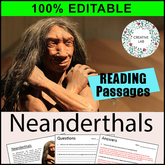 Neanderthals - Early Humans / Stone Age / Question Worksheets - 100% EDITABLE