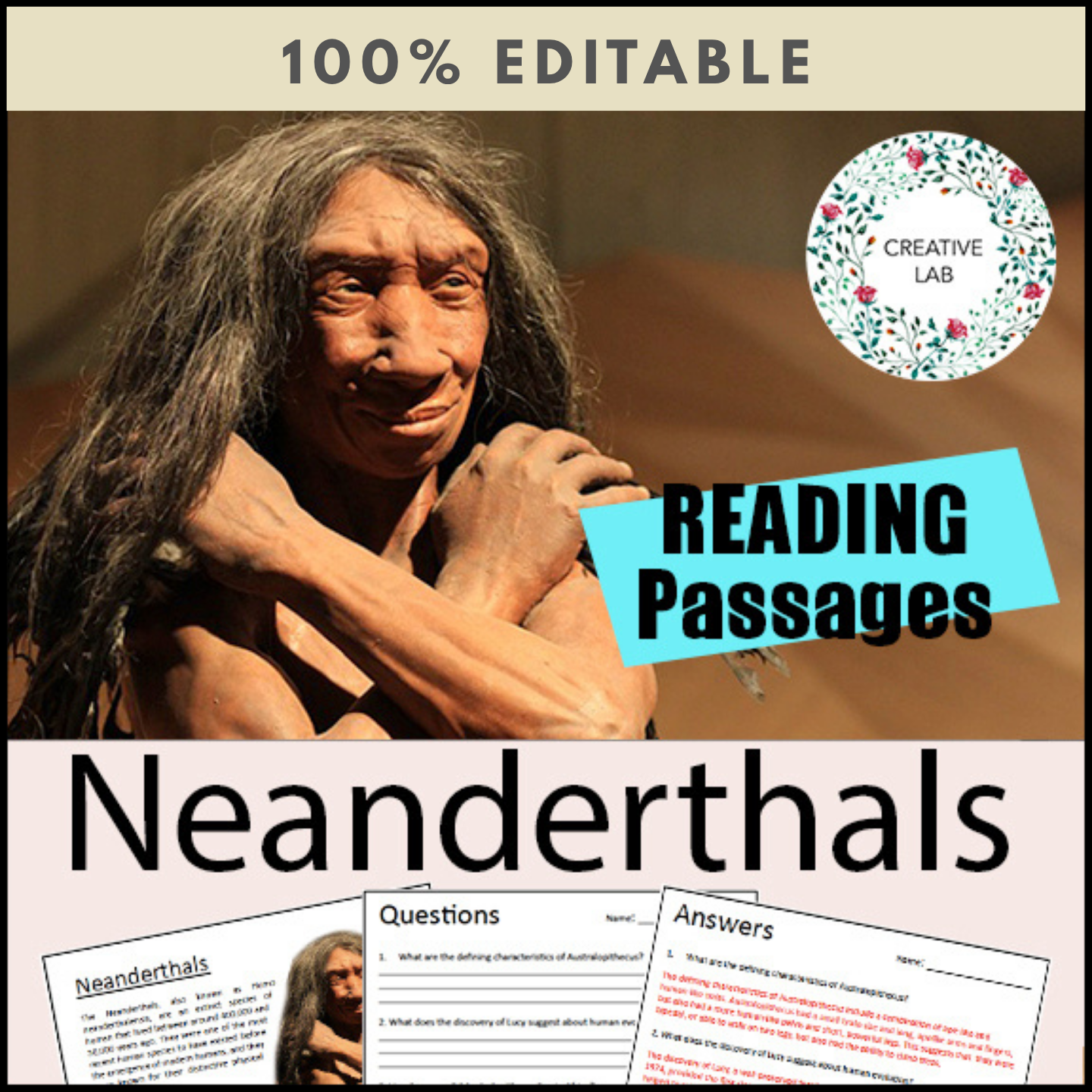 Neanderthals - Early Humans / Stone Age / Question Worksheets - 100% EDITABLE