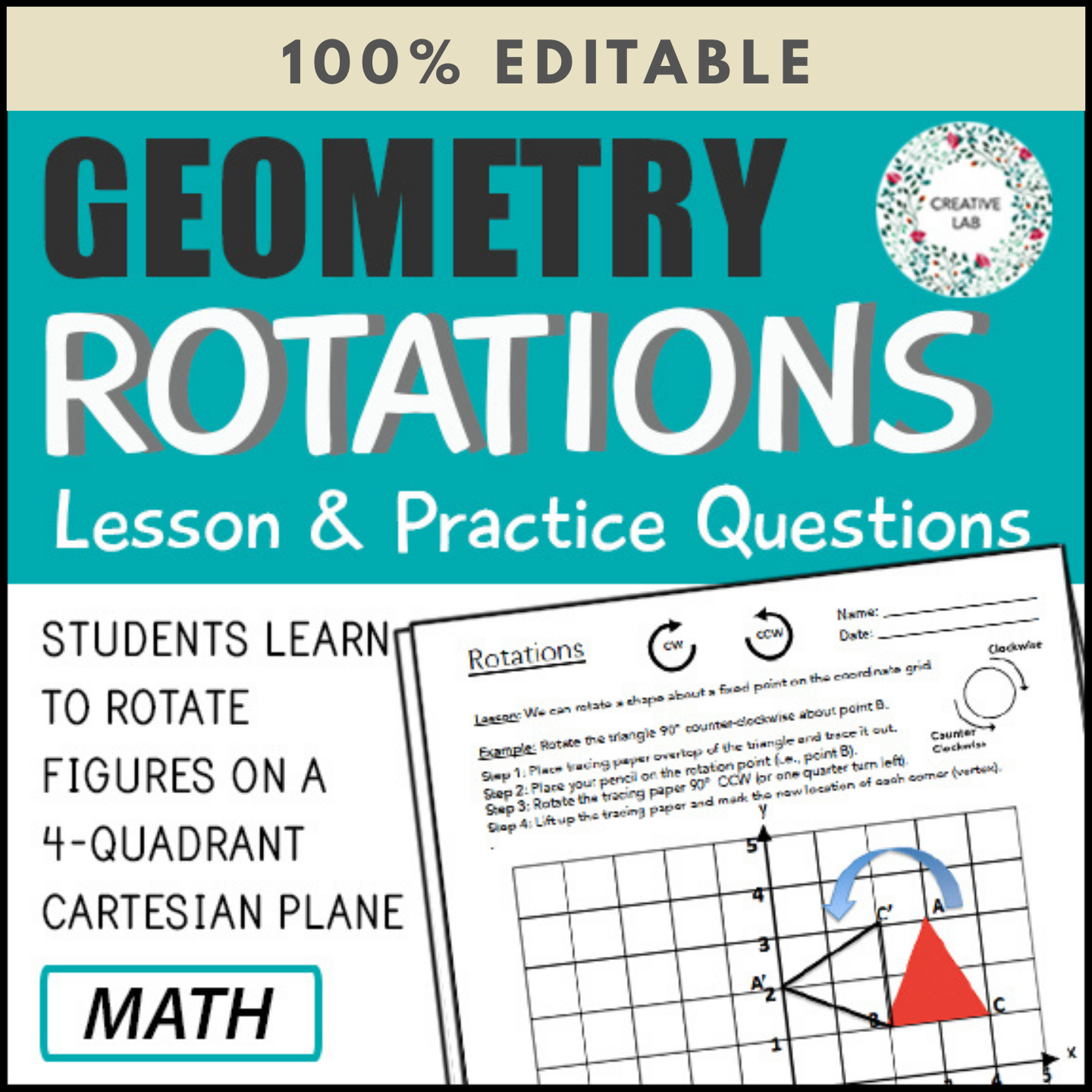 Rotations Transformations - Geometry Questions - 100% Editable