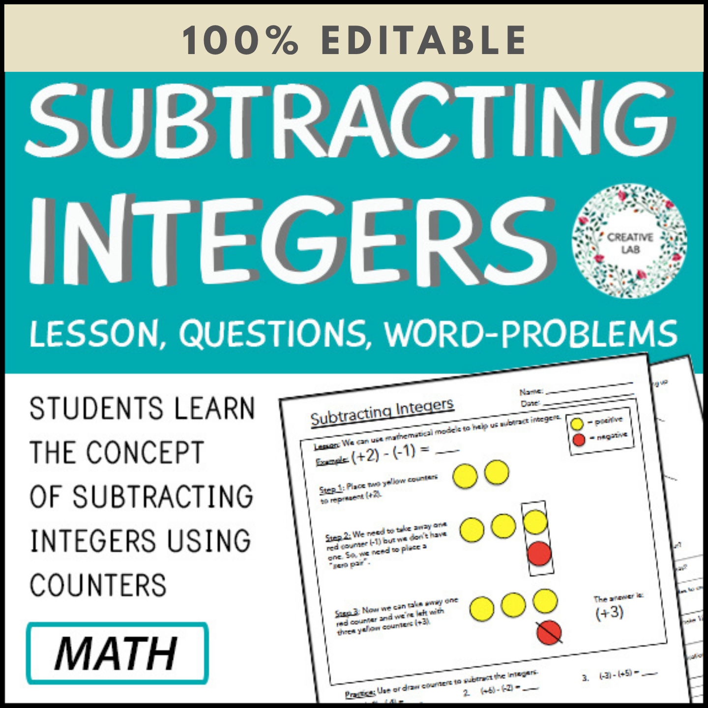 Subtracting Integers - Lesson & Practice Questions - 100% Editable