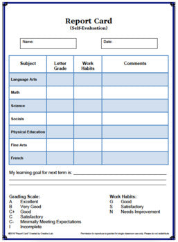 FREE - Report Card Self Evaluation - Printable & Editable