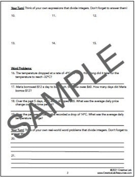 Dividing Integers - Lesson & Practice Questions - 100% Editable