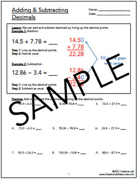 Adding & Subtracting Decimals - Lesson & Practice Questions - 100% Editable
