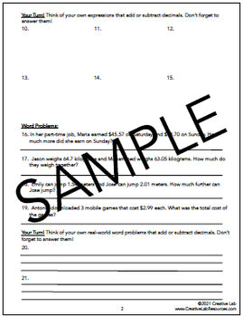 Adding & Subtracting Decimals - Lesson & Practice Questions - 100% Editable