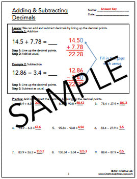 Adding & Subtracting Decimals - Lesson & Practice Questions - 100% Editable