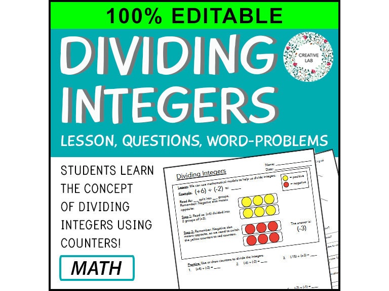 Math Dividing Integers - Lesson & Practice Questions - 100% Editable // Printable Teaching Resource // No Prep Classroom //