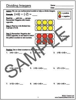 Math Dividing Integers - Lesson & Practice Questions - 100% Editable // Printable Teaching Resource // No Prep Classroom //