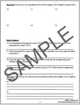 Math Dividing Integers - Lesson & Practice Questions - 100% Editable // Printable Teaching Resource // No Prep Classroom //