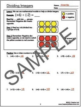 Math Dividing Integers - Lesson & Practice Questions - 100% Editable // Printable Teaching Resource // No Prep Classroom //