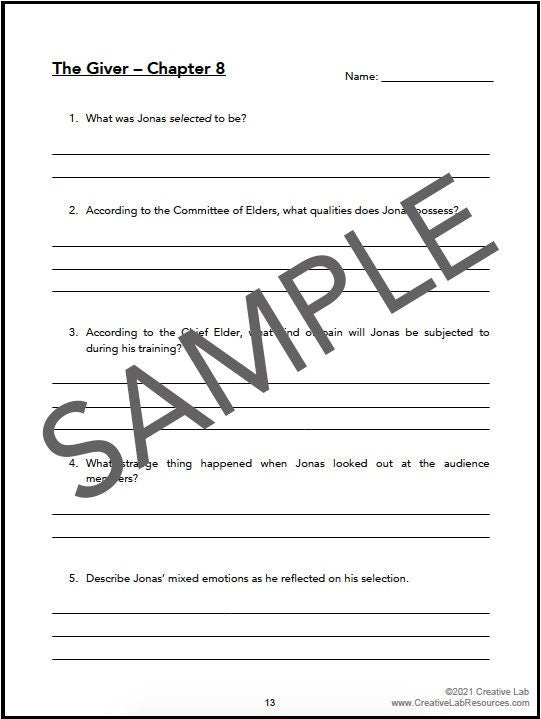 THE GIVER - Book Chapter Comprehension Questions & Answers - 100% Editable // Printable Teacher School Resource // Language Arts // Reading