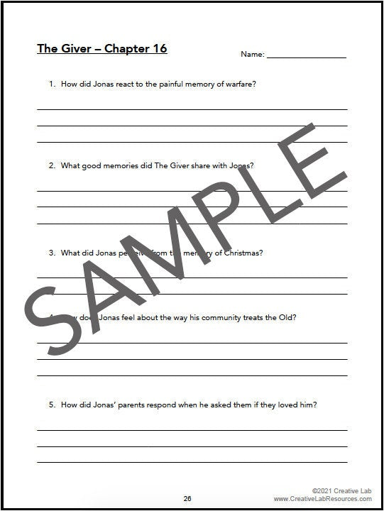 THE GIVER - Book Chapter Comprehension Questions & Answers - 100% Editable // Printable Teacher School Resource // Language Arts // Reading