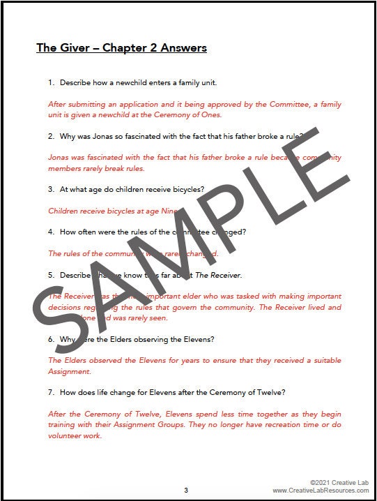 THE GIVER - Book Chapter Comprehension Questions & Answers - 100% Editable // Printable Teacher School Resource // Language Arts // Reading